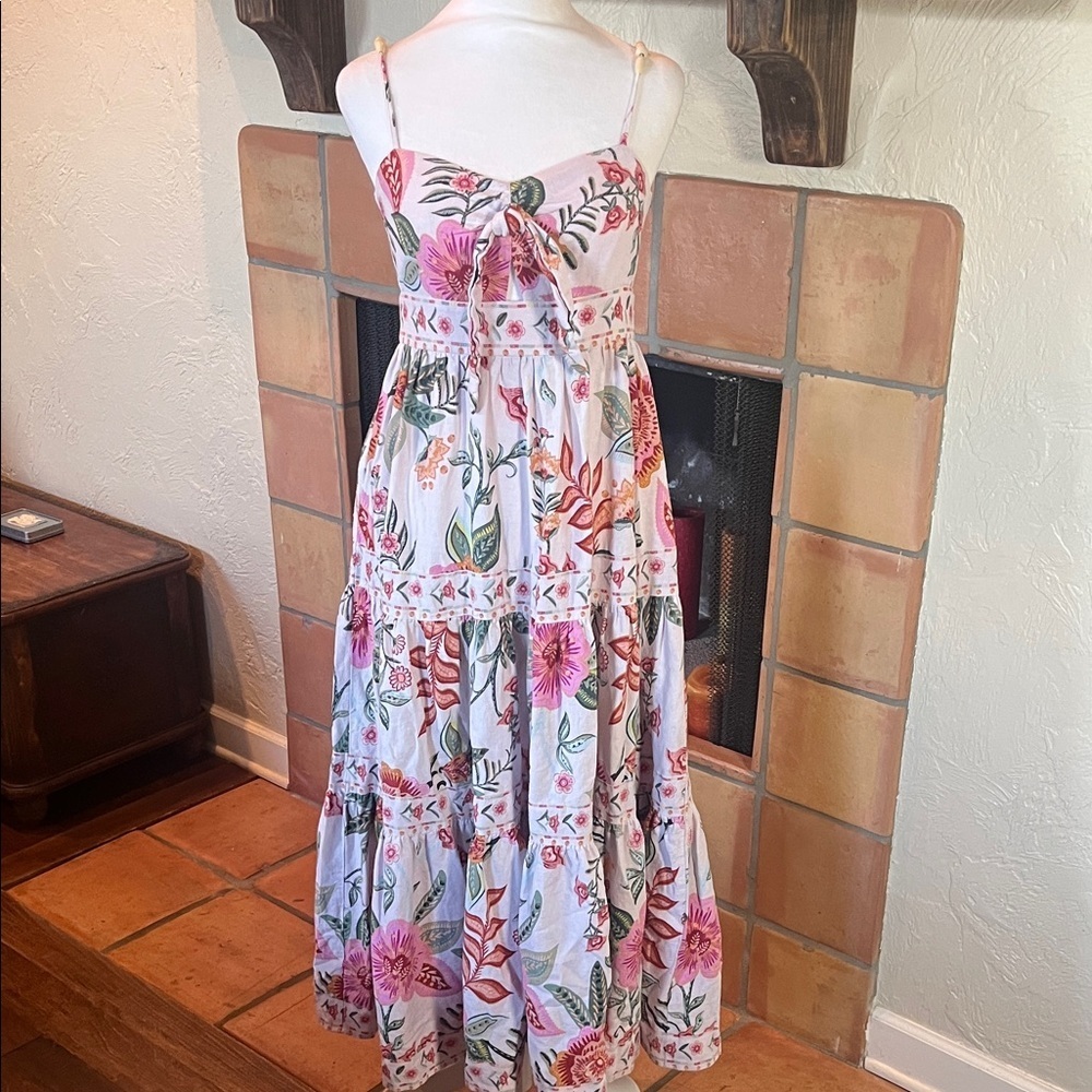 House of Harlow 1960 Floral Strappy Keyhole Shirred Linen Blend Sundress, size S